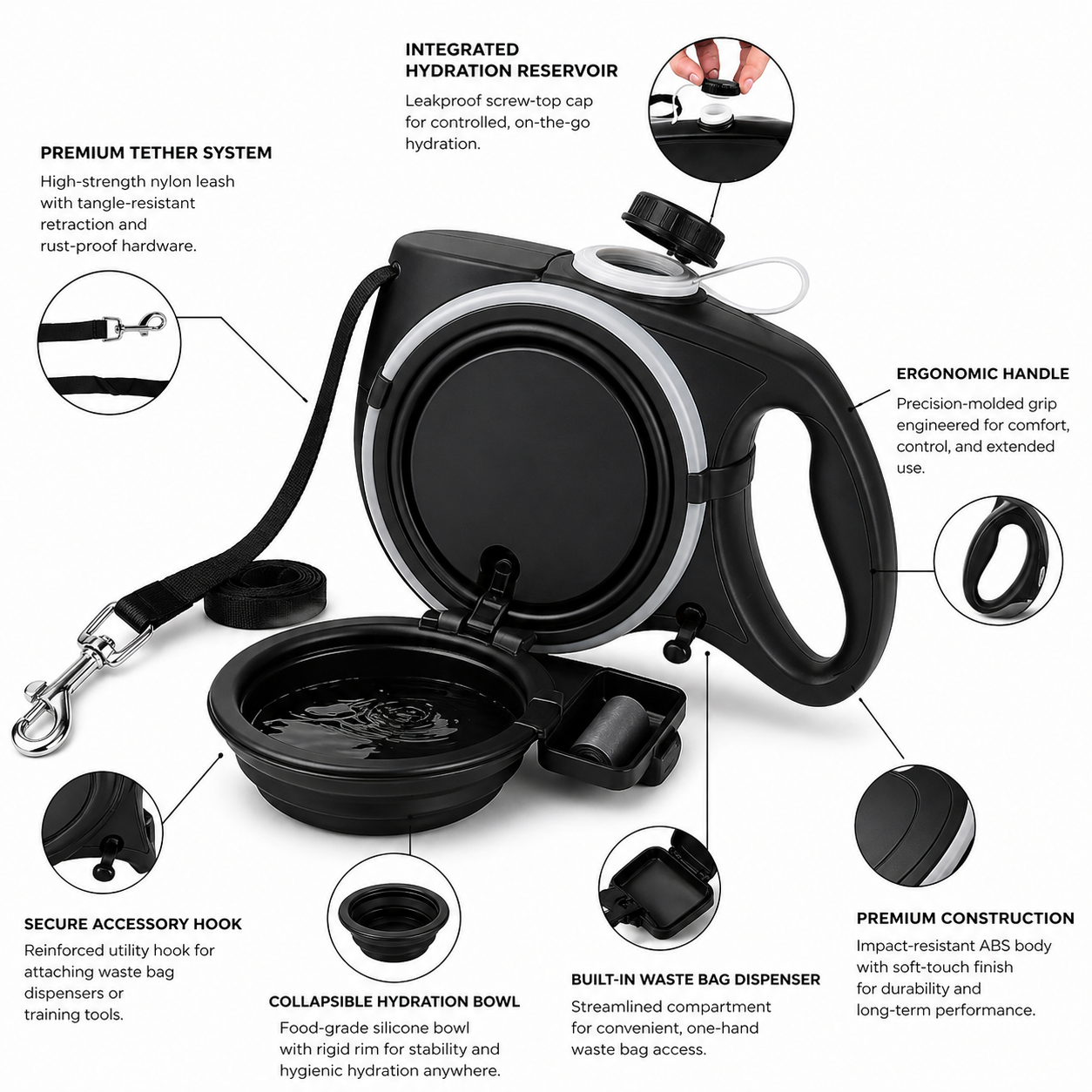 ScritchPets Retractable Dog Leash with Water Bottle