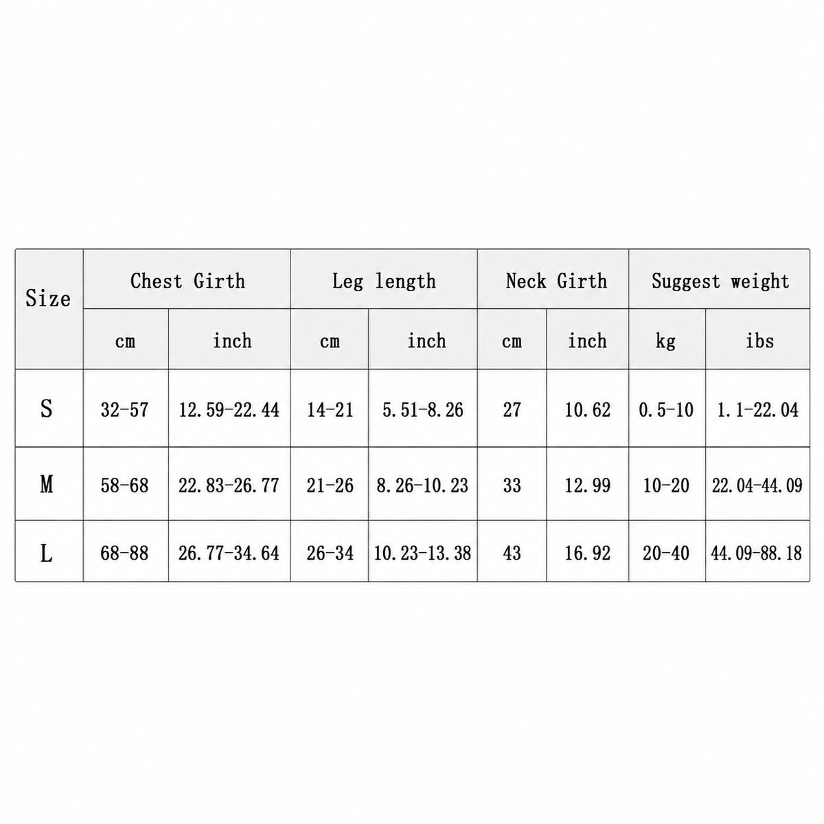 Size chart