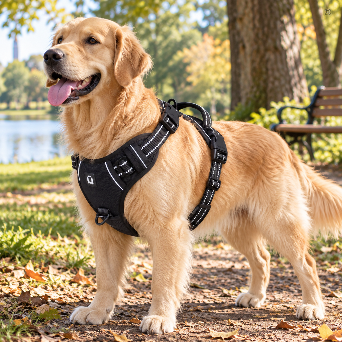 No-pull dog harness padded straps across chest and shoulders
