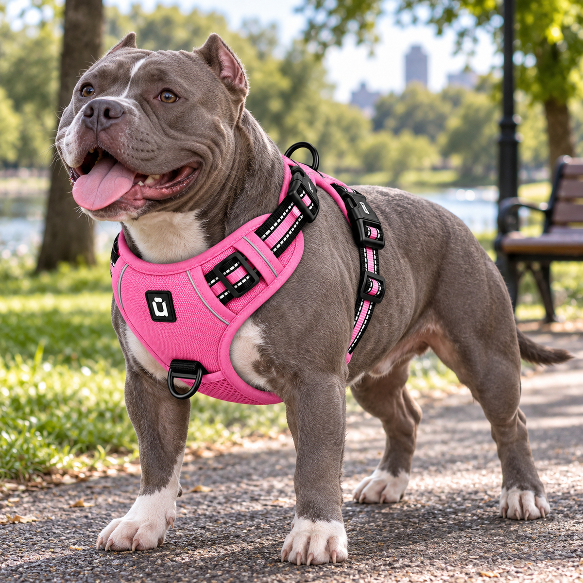 Dog wearing no-pull harness on a walk
