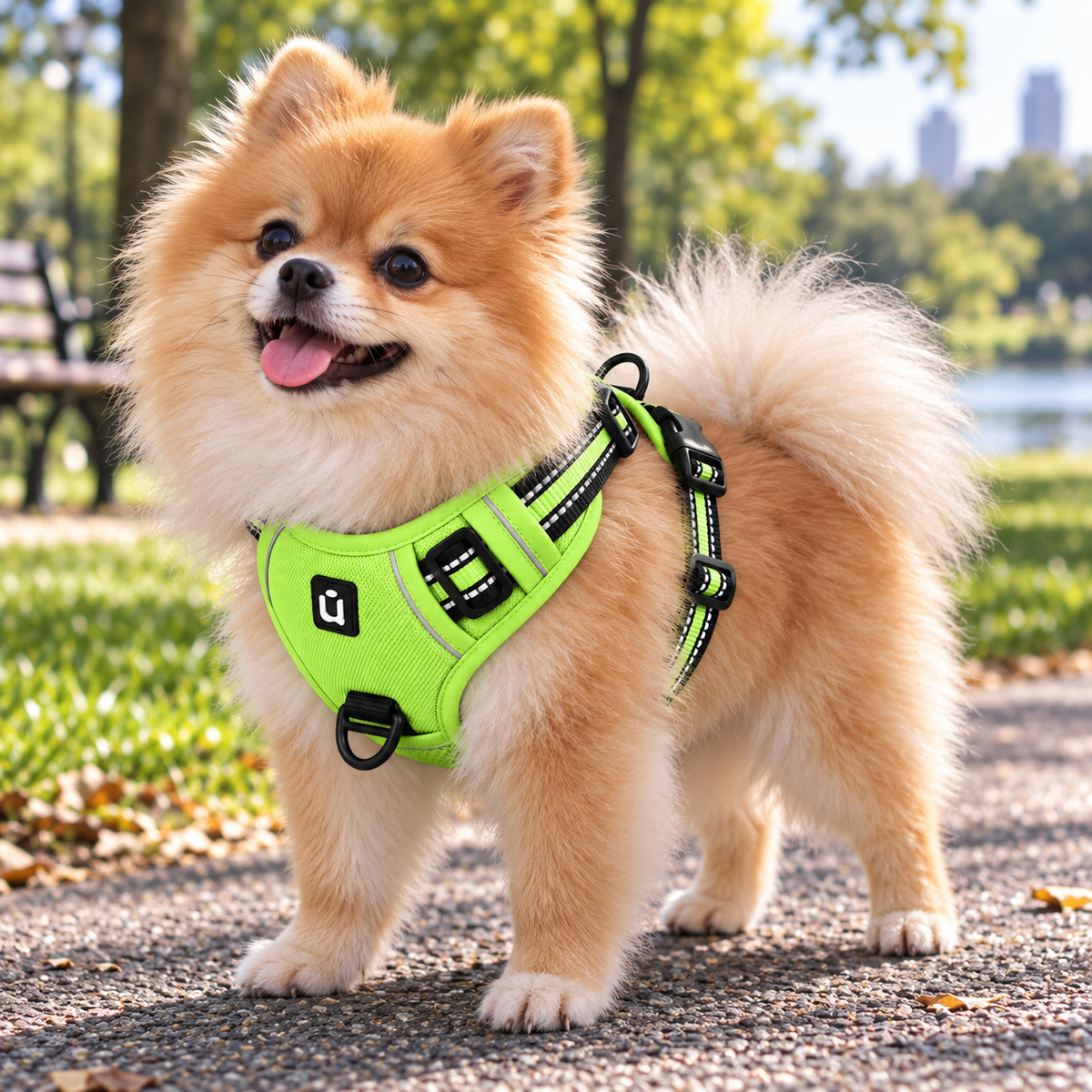 Close-up of front chest clip on no-pull dog harness