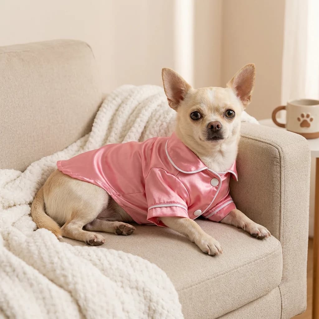 Small Chihuahua relaxing on a cream sofa while wearing stylish pink satin dog pyjamas with white piping