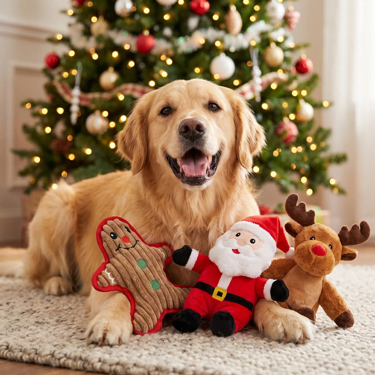 Golden Retriever lying beside festive Christmas dog toys including Santa reindeer and gingerbread toys