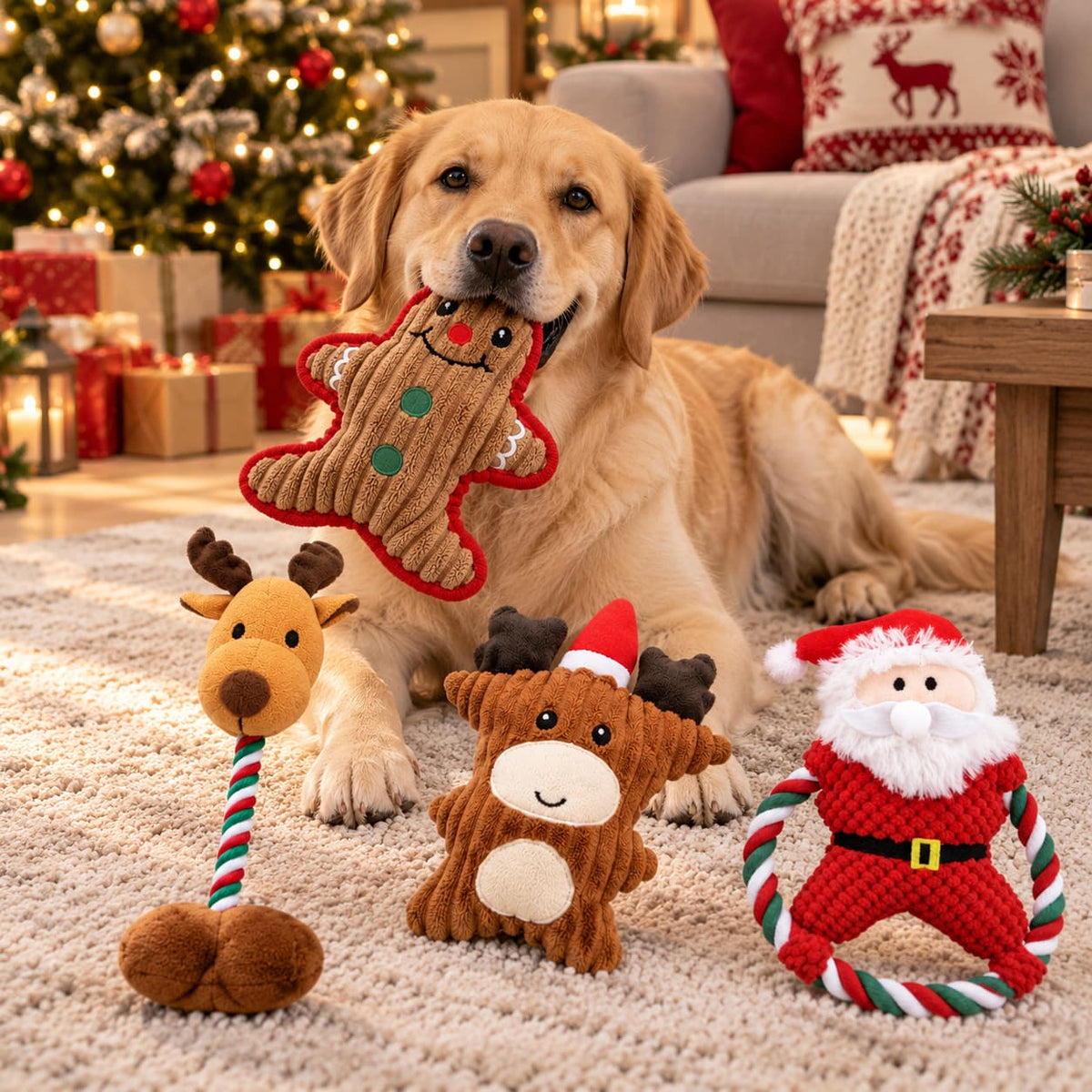 Golden Retriever posing with a festive set of plush Christmas dog toys by a decorated tree
