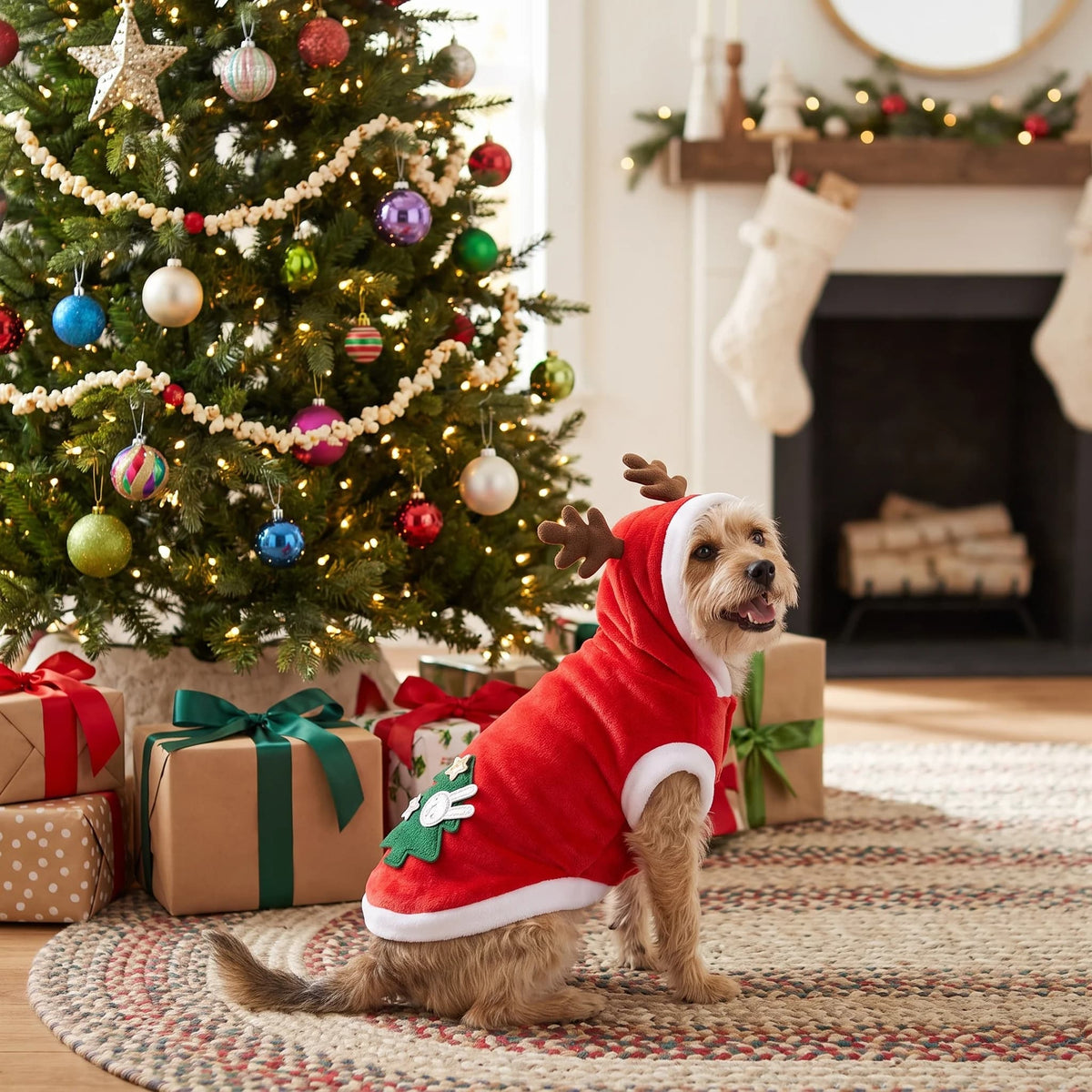Small dog wearing a red Christmas reindeer costume beside a decorated Christmas tree and presents