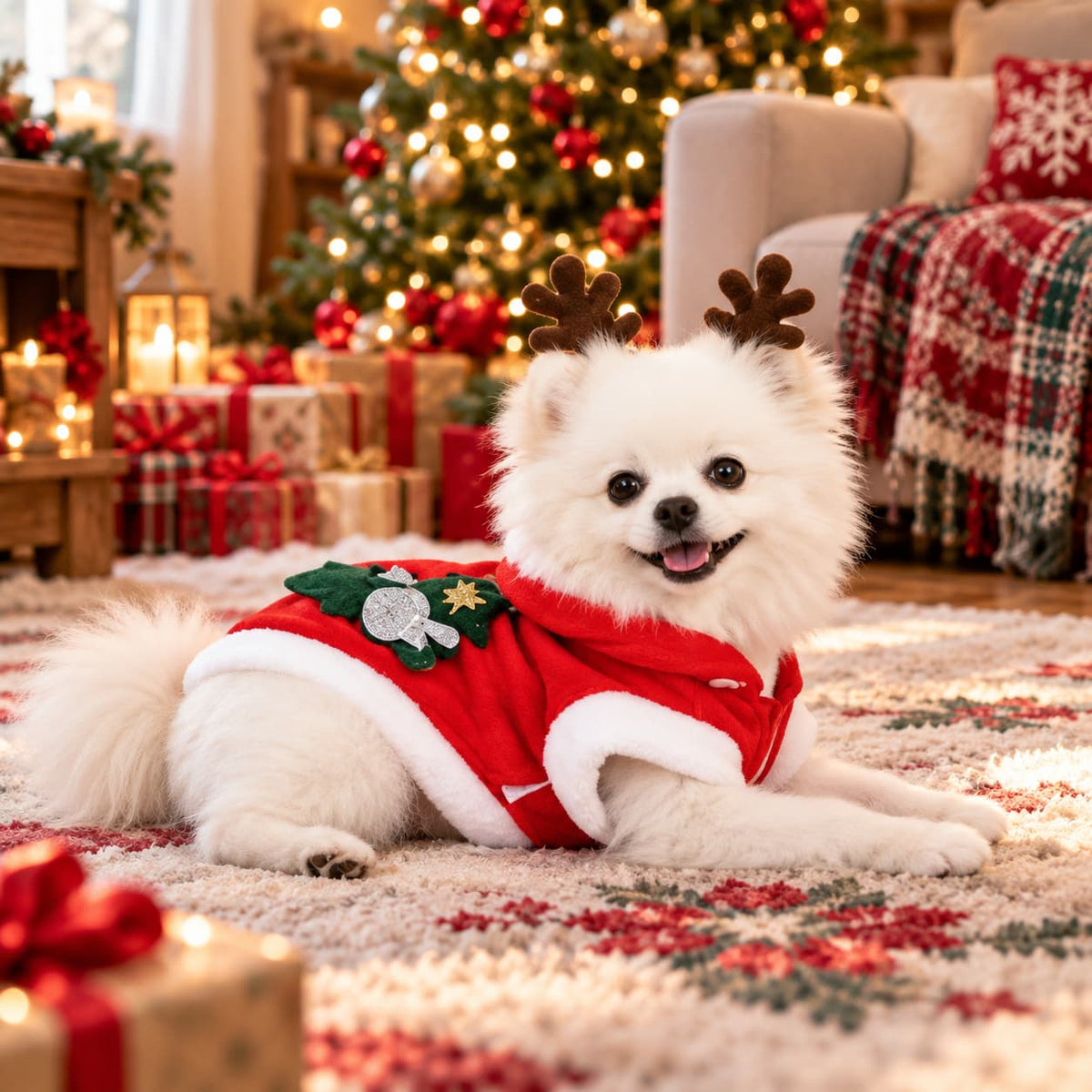 Small white dog wearing a red festive reindeer outfit in a cosy Christmas living room