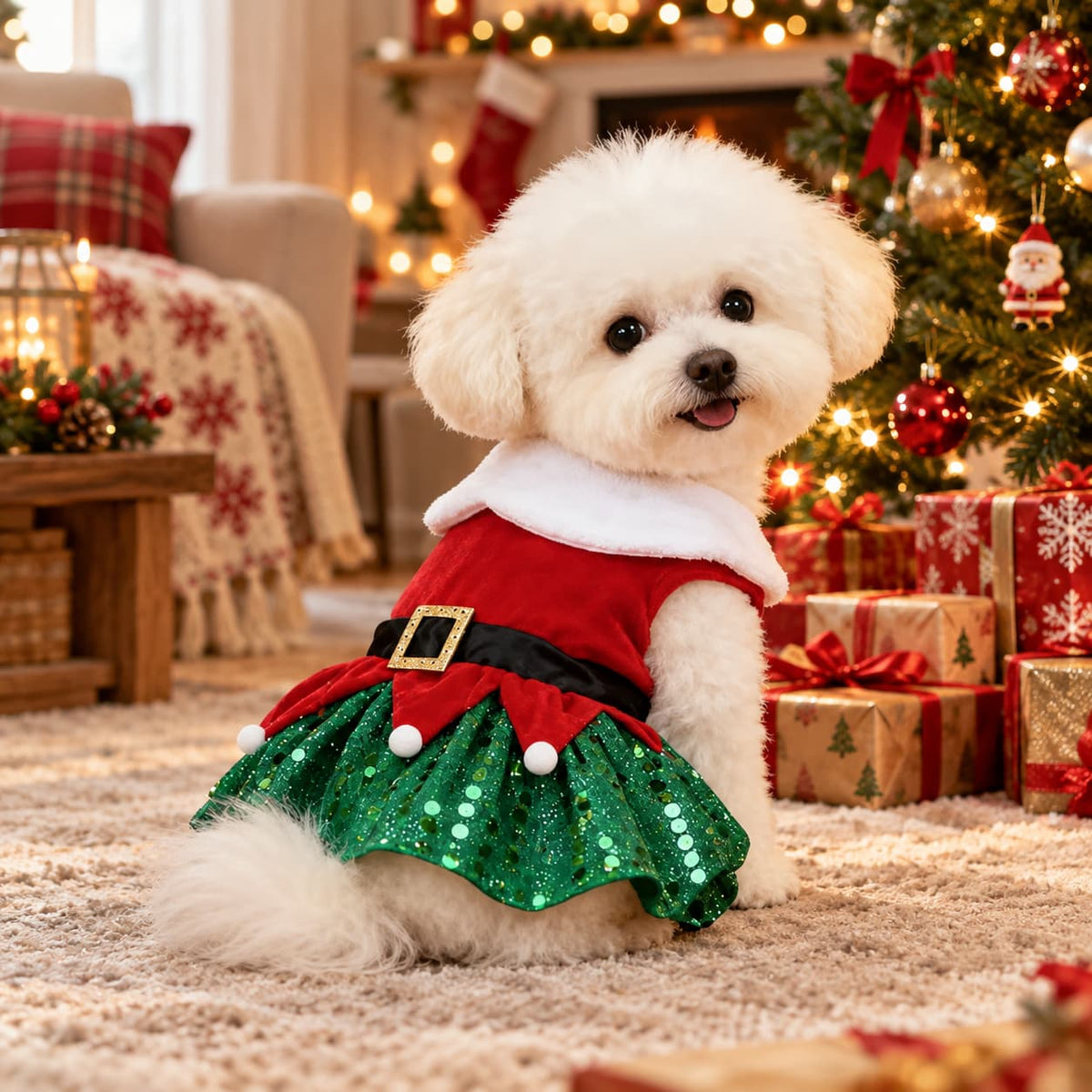 Small white dog wearing a red and green Christmas Santa dress beside a decorated Christmas tree