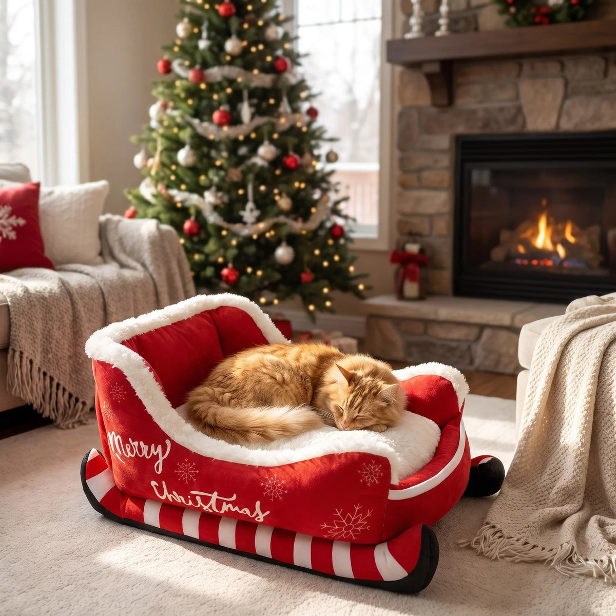 Red Christmas sleigh pet bed with festive white trim, shown with a resting cat and small dog in cosy Christmas living room settings
