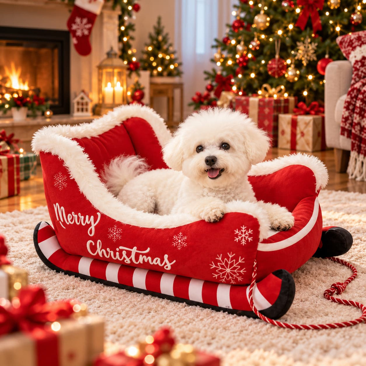 Small white dog relaxing in a red Christmas sleigh pet bed surrounded by festive Christmas decorations