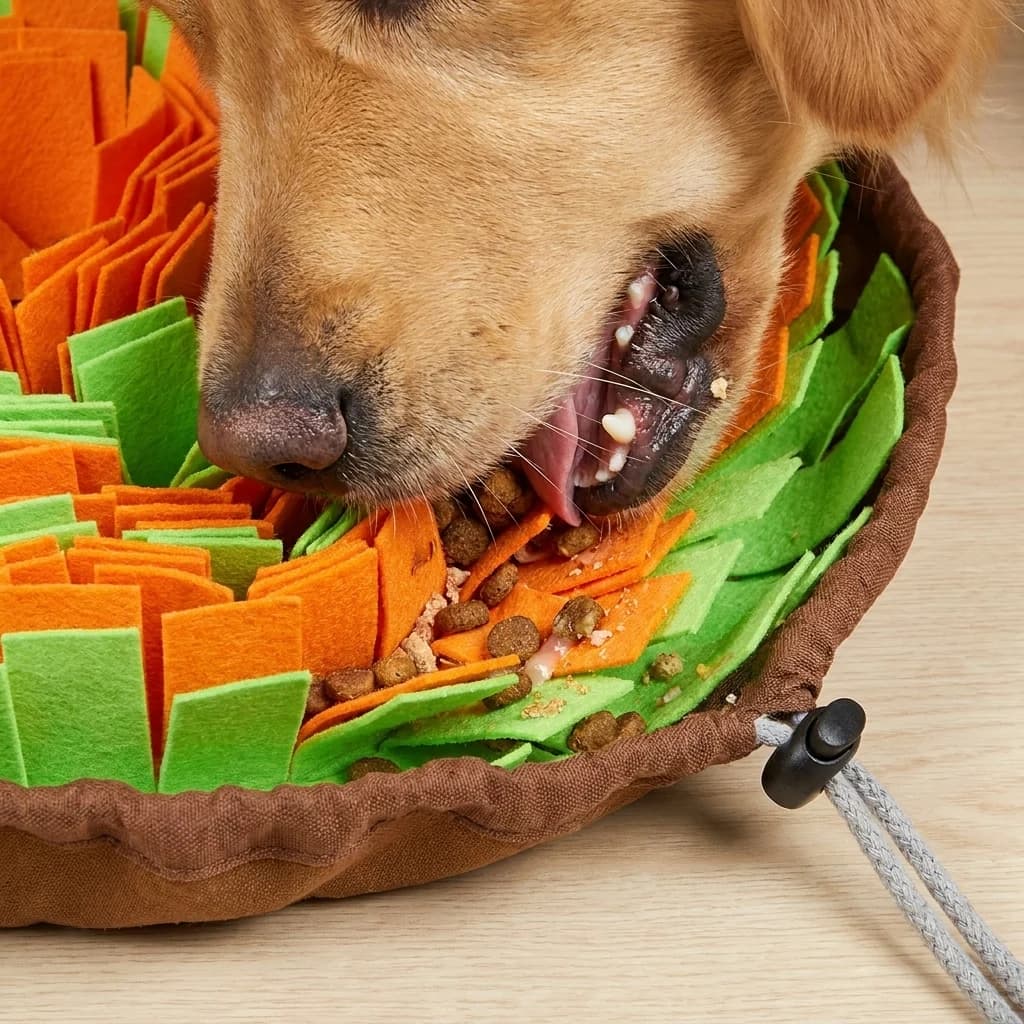 Close-up of a Golden Retriever searching for treats between colourful fabric folds of a snuffle mat.