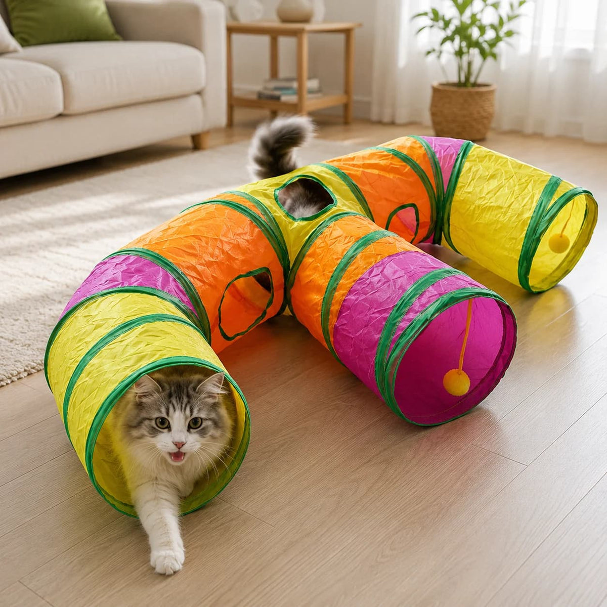 Cat emerging from a colourful multi-way play tunnel with multiple openings and hanging toy ball indoors.
