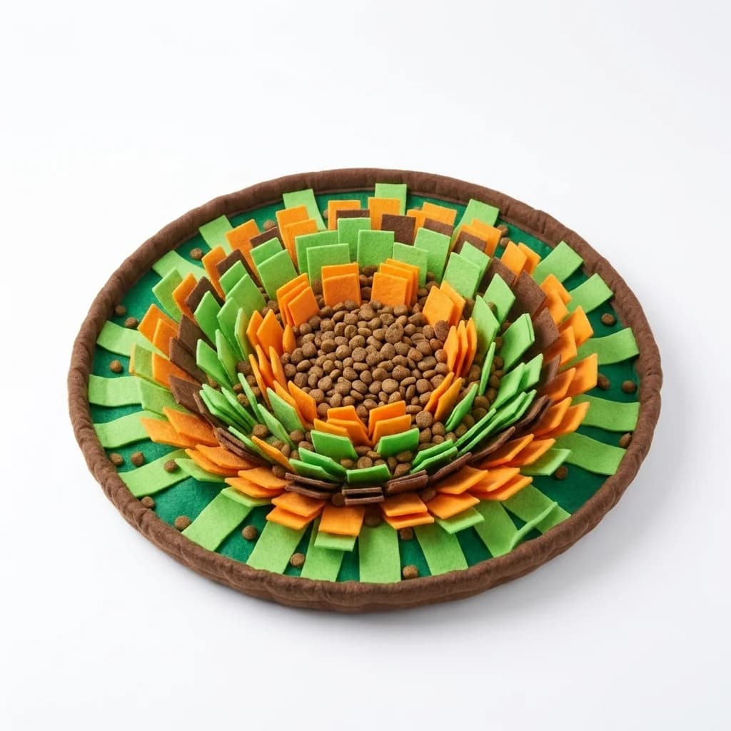 Round green orange and brown dog snuffle mat filled with treats on a white background.