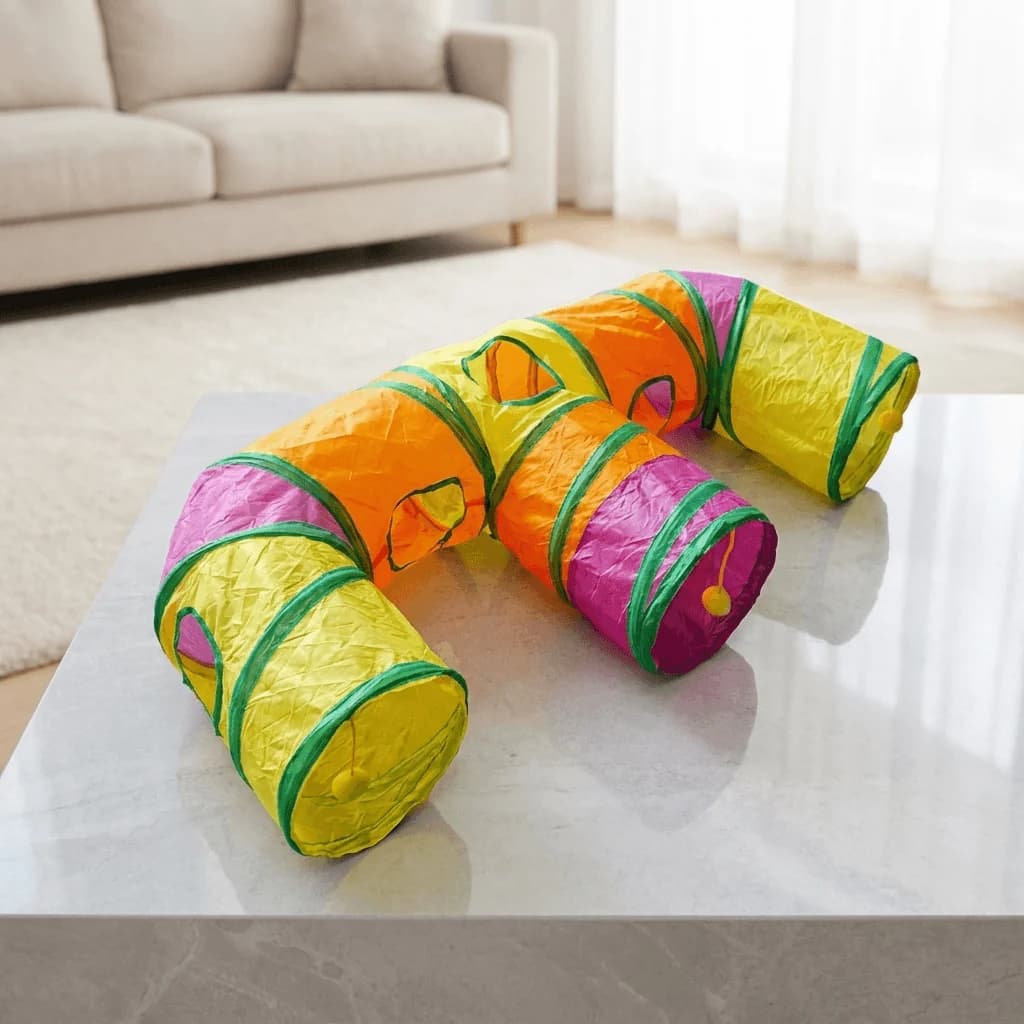 Colourful multi-way cat play tunnel with several connected openings displayed in a bright modern home.