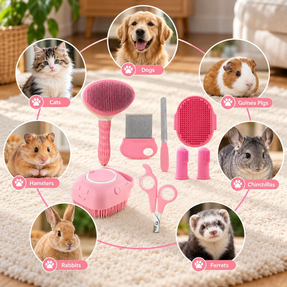 Complete pink pet grooming kit with brushes comb scissors and grooming tools for cats and dogs