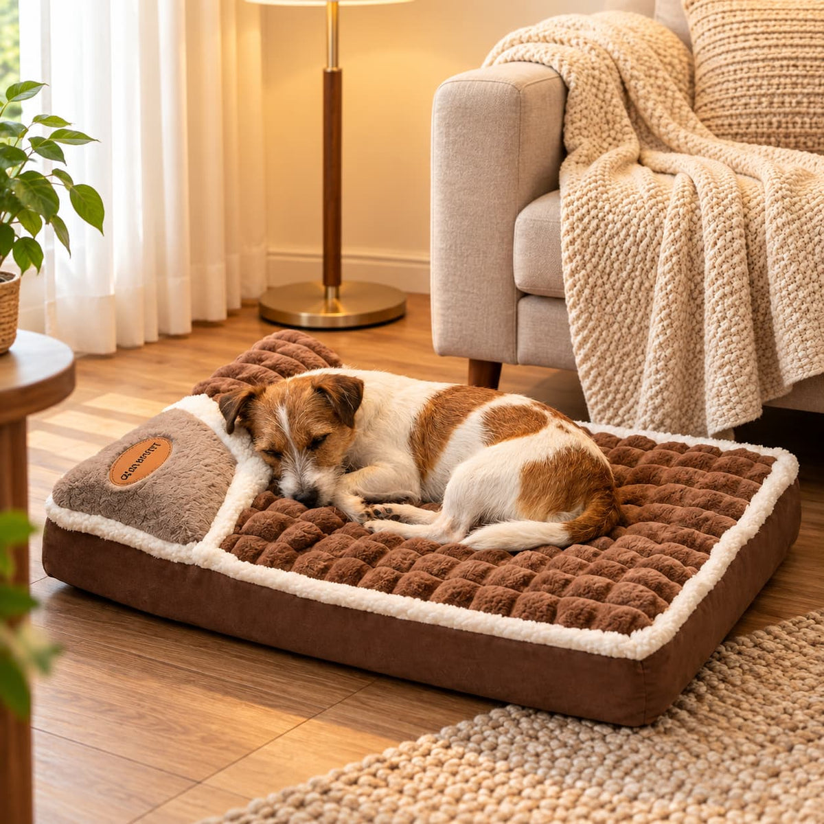Cat sleeping comfortably on a plush brown cushioned pet bed beside a sofa in a warm home
