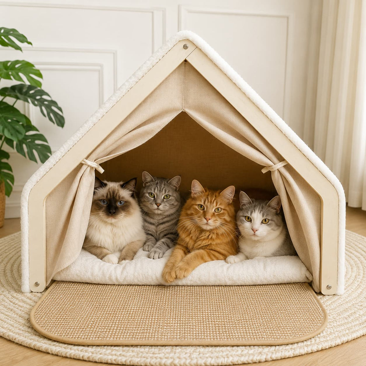 Four cats relaxing together inside a spacious beige tent shaped pet bed in a cosy home