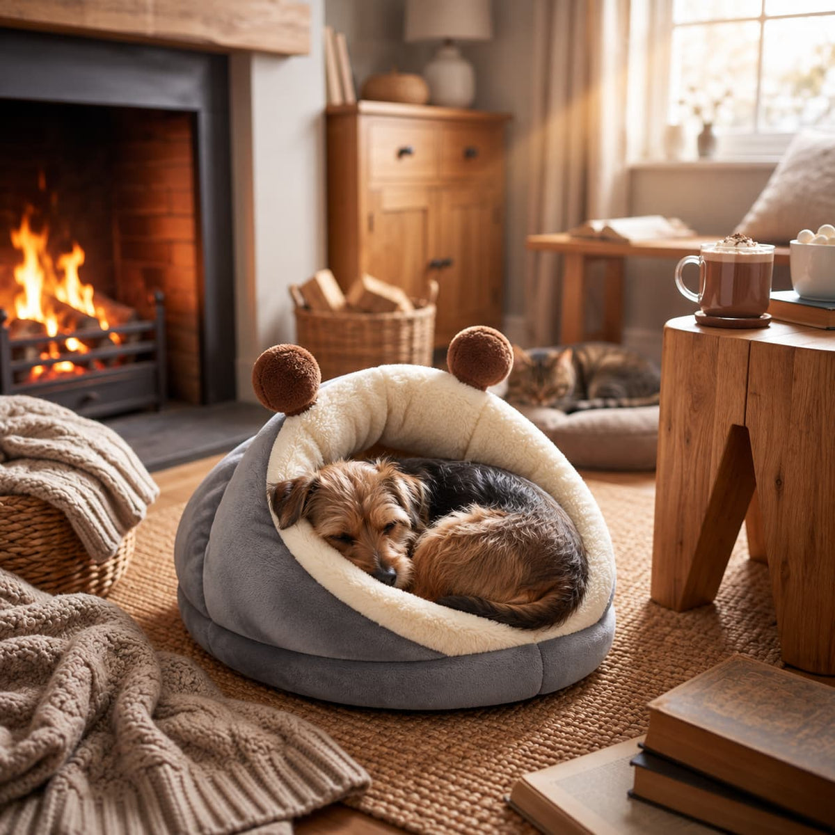 Small dog sleeping in a cosy grey cave pet bed beside a warm fireplace