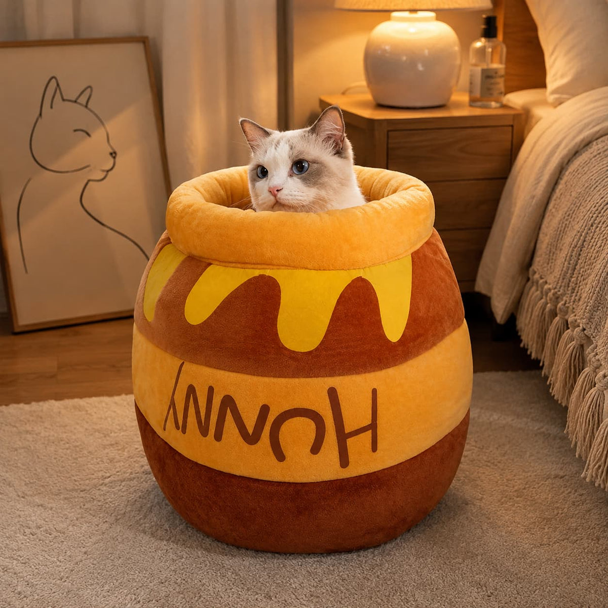 Cat sitting comfortably inside a plush honey pot shaped enclosed pet bed