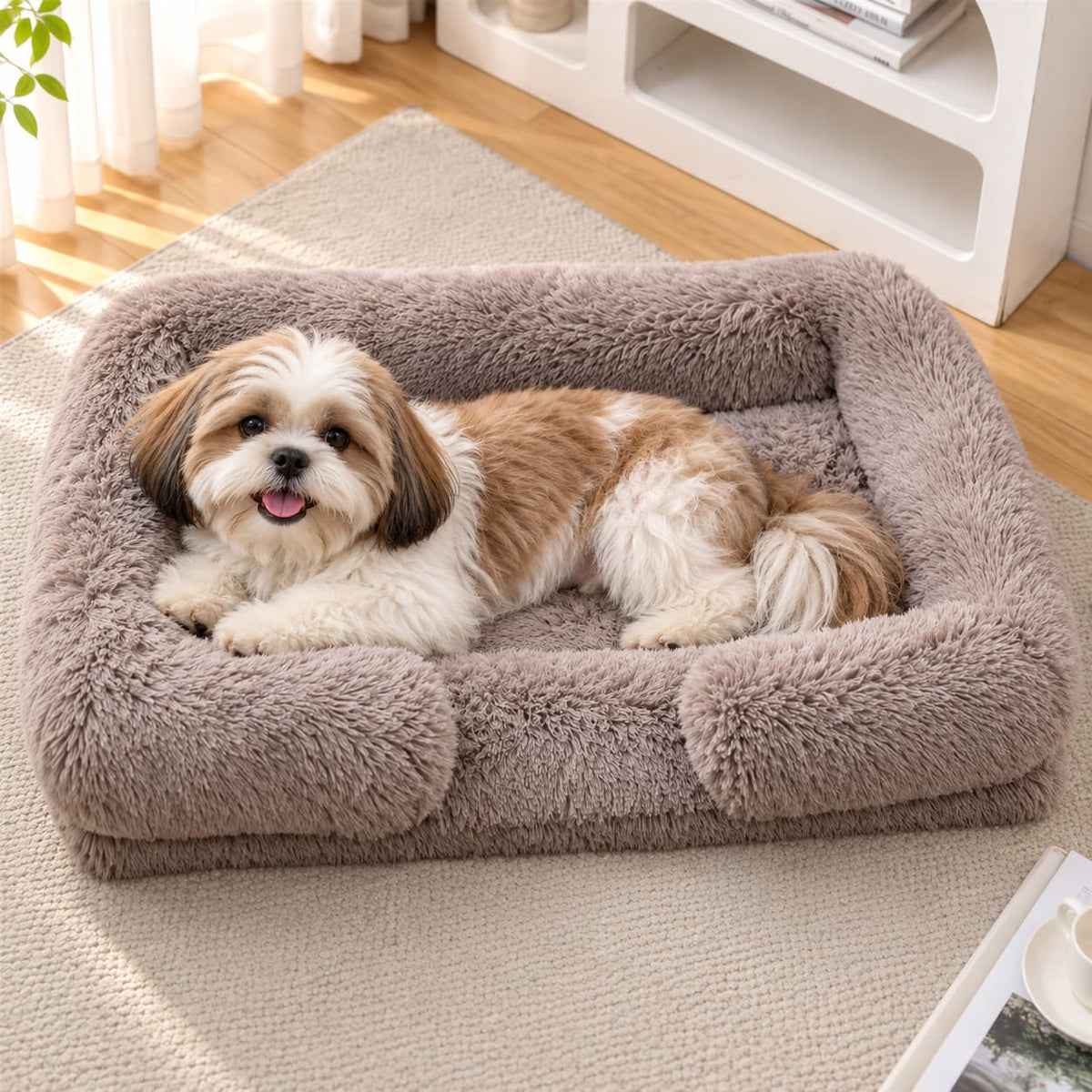 Small dog relaxing in a soft raised-edge plush dog bed beside a bright window