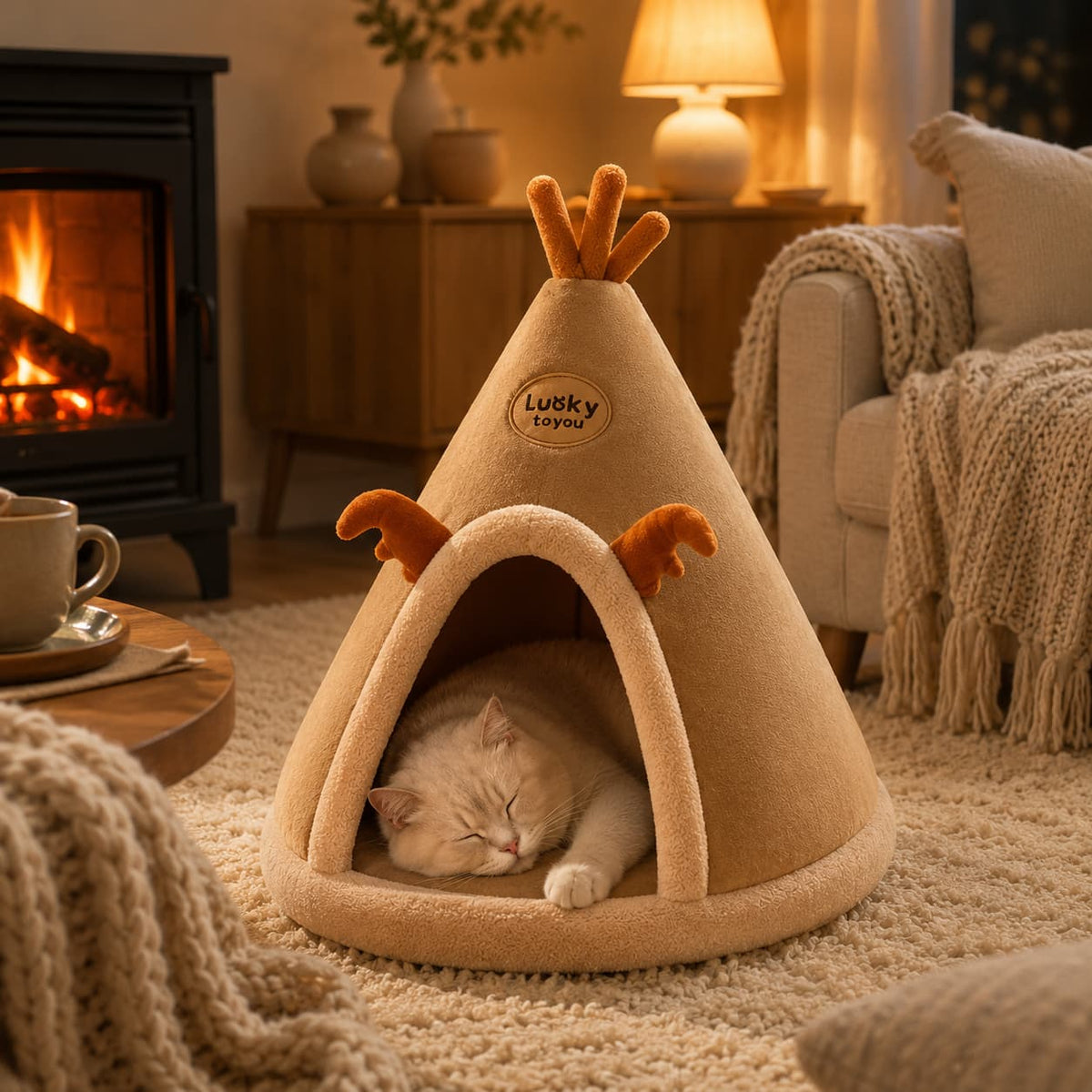Cosy reindeer style pet teepee bed with a sleeping cat beside a warm fireplace in a comfortable living room