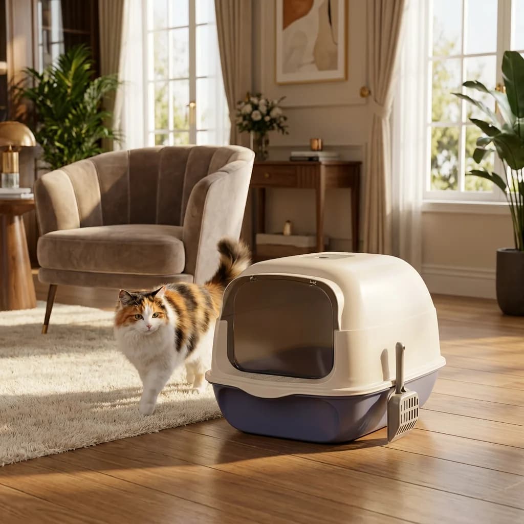 Cat approaching a beige and grey covered litter box in a stylish living room.