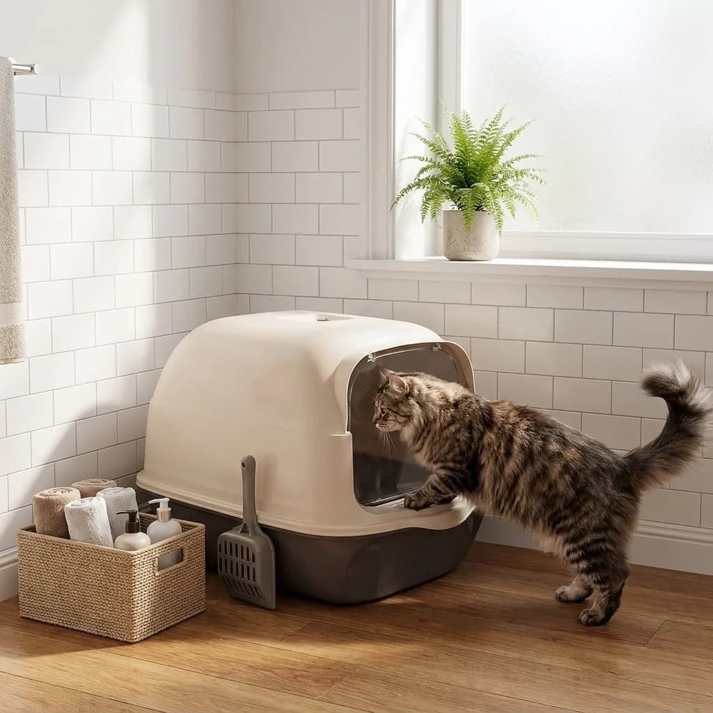 Tabby cat using a beige covered litter tray in a bright home interior.
