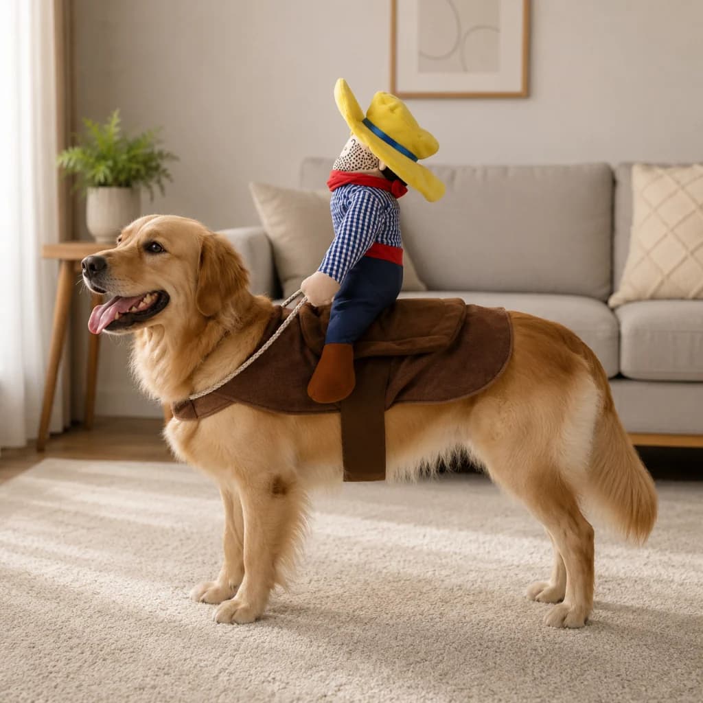 Golden Retriever wearing a cowboy rider dog costume in a warm modern living room