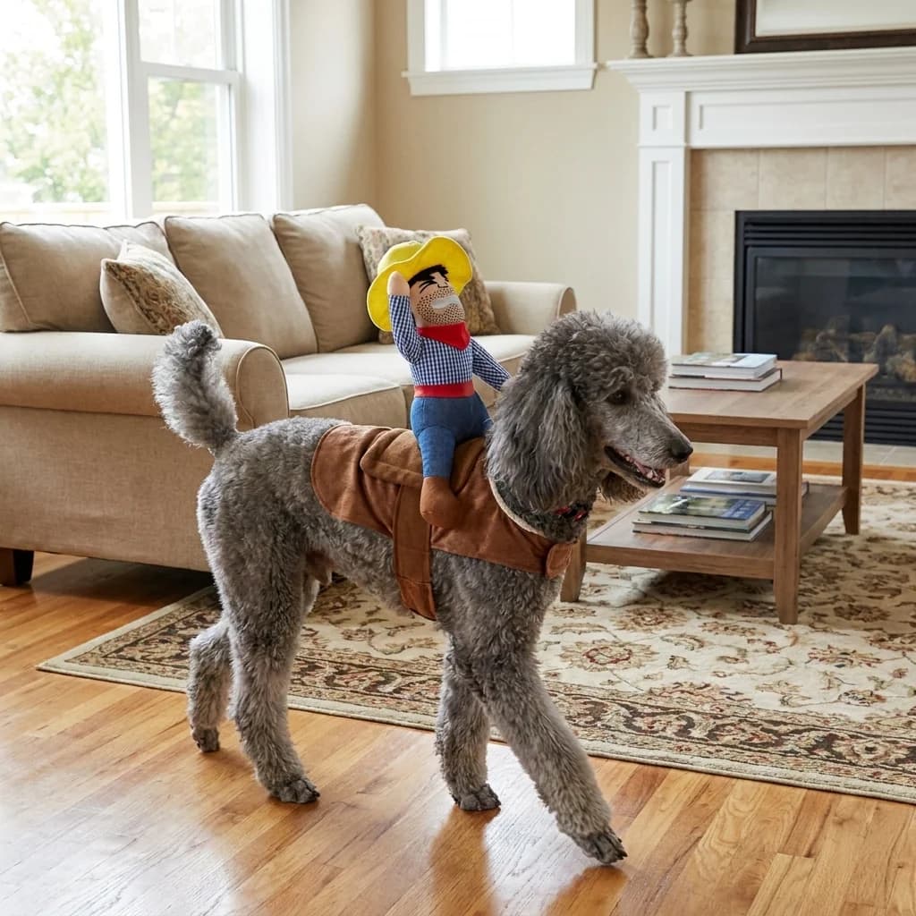 Grey poodle wearing a fun cowboy rider dog costume while standing in a bright cosy living room