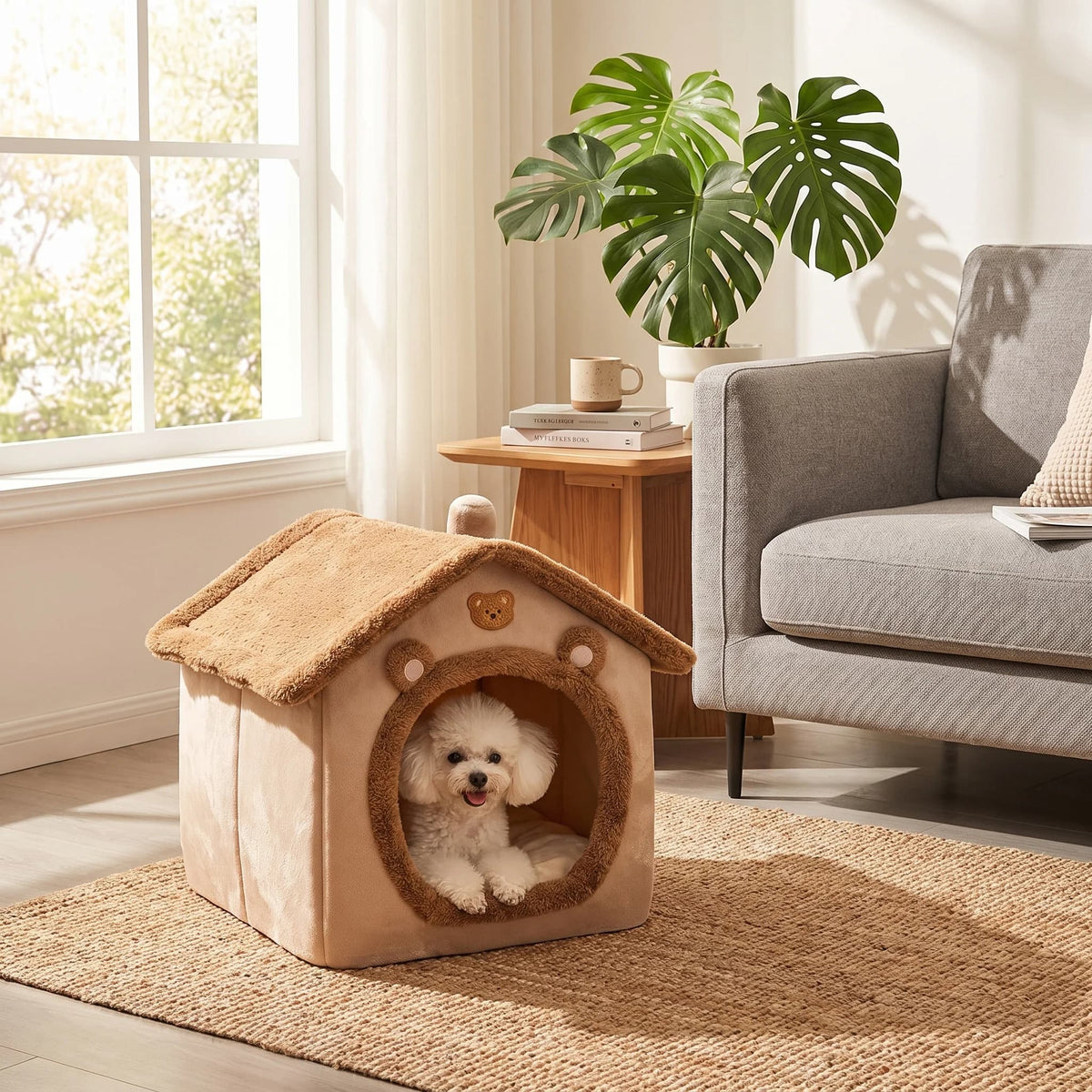 Small dog relaxing inside a cosy beige house shaped pet bed in a bright living room