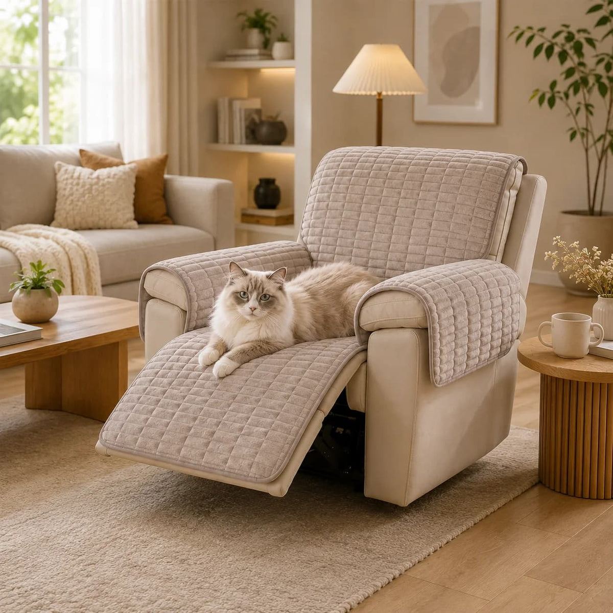 Small dog resting comfortably on a cream quilted recliner cover protecting the chair and footrest.