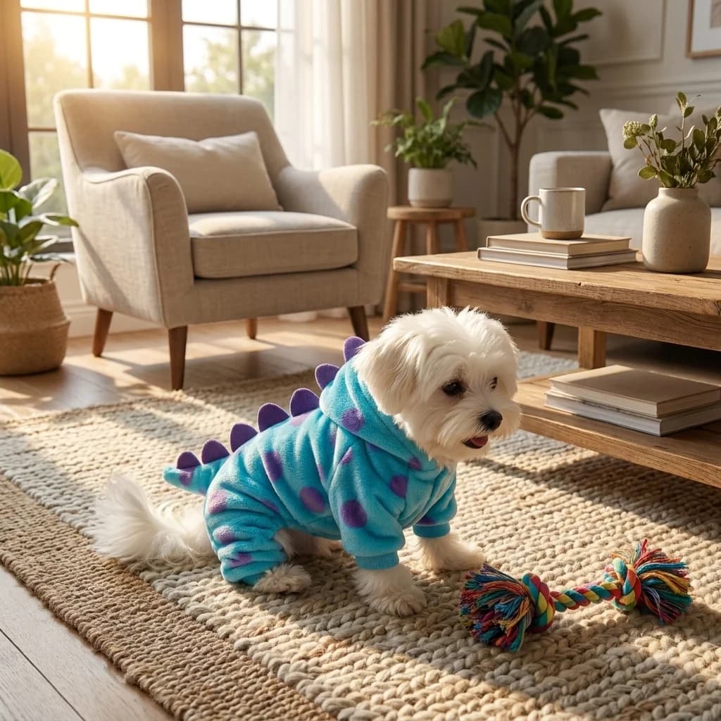 Small white dog wearing a colourful blue dinosaur outfit while playing indoors.