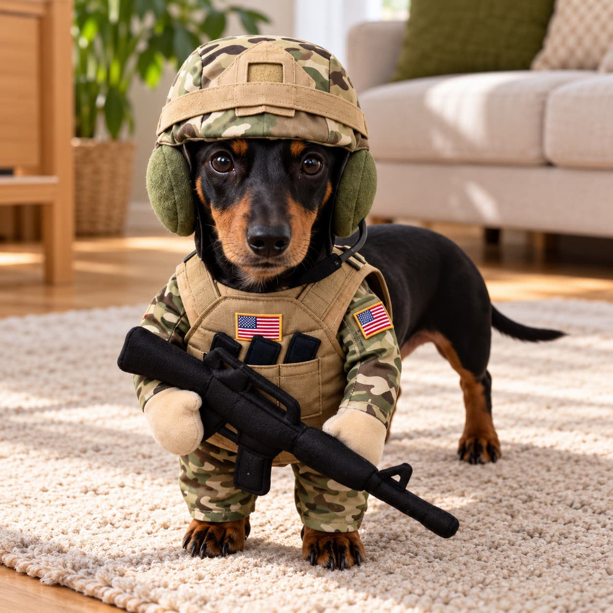 Dachshund wearing a camouflage soldier costume with tactical-style helmet and uniform indoors