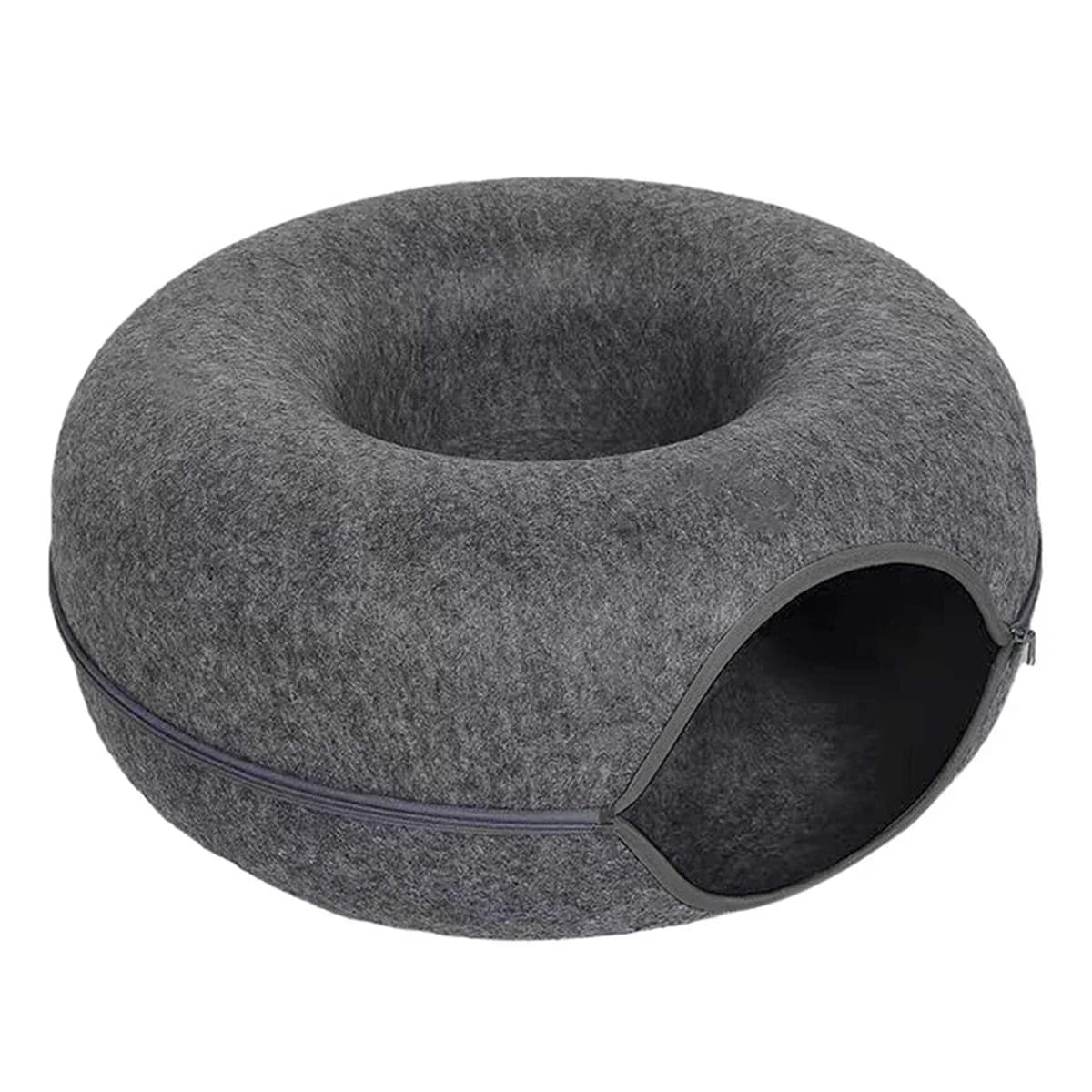 Dark grey round cat cave bed featuring a cosy enclosed side entrance and cushioned sleeping surface