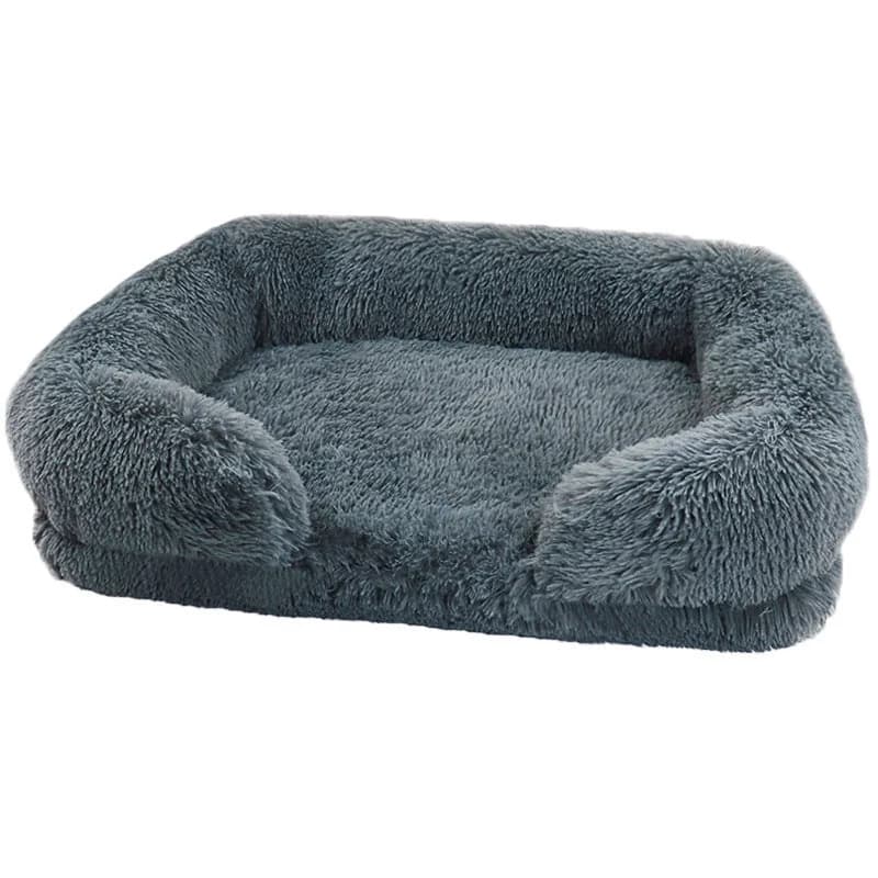 Dark grey rectangular plush dog bed with soft raised sides for comfortable resting