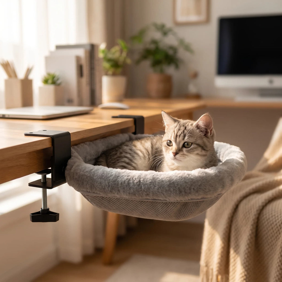 Tabby cat relaxing in a soft grey desk mounted cat bed beside a home workspace