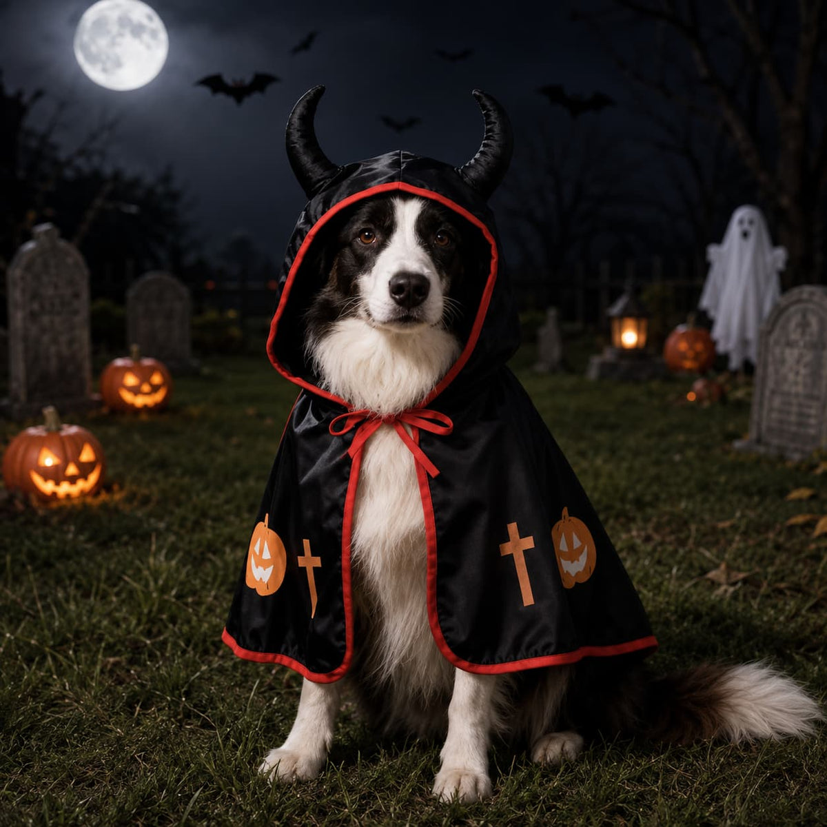 Dog wearing a black and red devil Halloween costume with horned hood in a spooky pumpkin setting