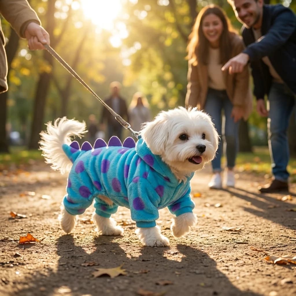 Small white dog wearing a blue dinosaur costume during an outdoor walk with its owner.