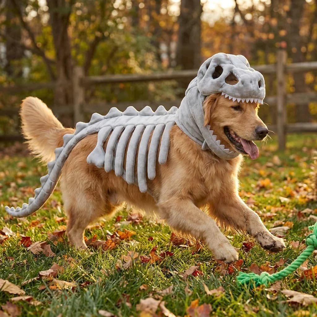 Golden Retriever wearing a grey dinosaur skeleton costume while playing outdoors among autumn leaves and Halloween decorations