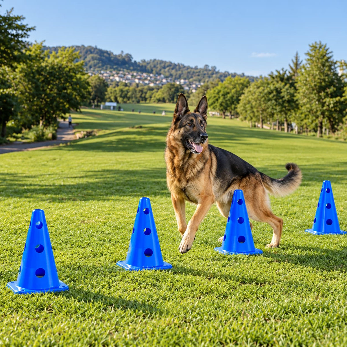 German Shepherd running through a blue cone agility course on an outdoor field.