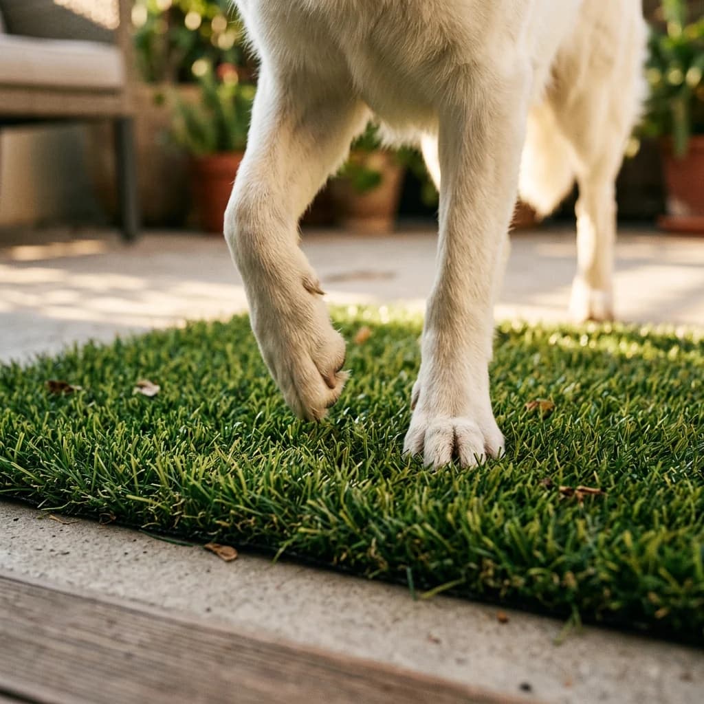 Close up of a dog standing on a realistic artificial pet grass mat showing the soft grass texture