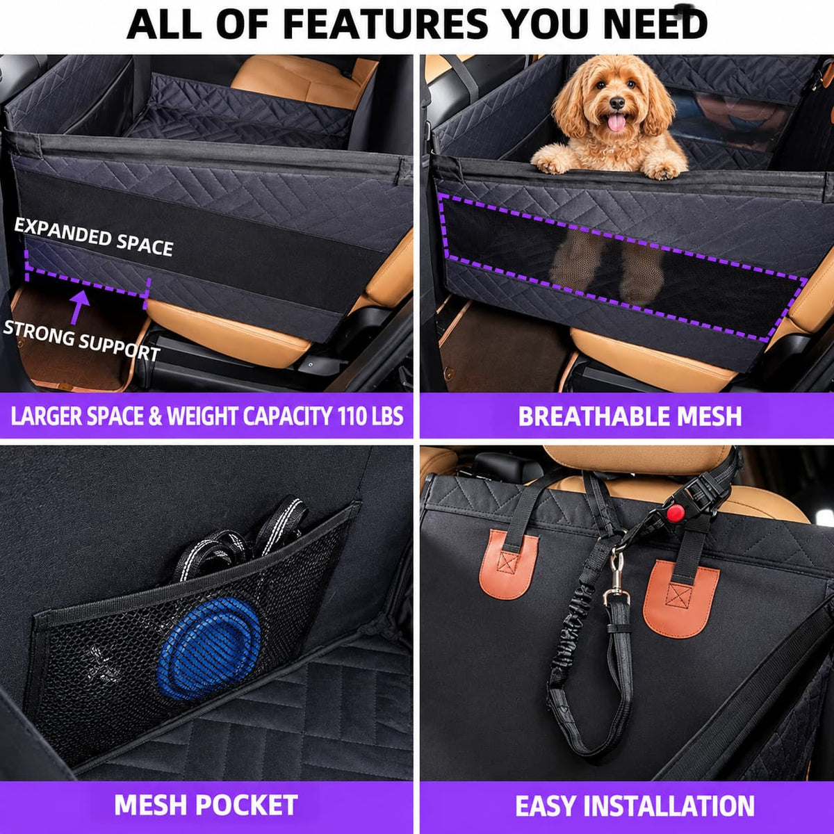 Dog car seat cover showing quilted fabric, breathable mesh, storage pocket and installation features