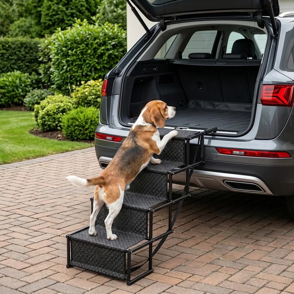 Dog using portable four step pet stairs to safely climb into the boot of a car.