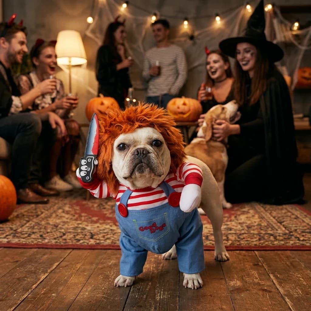Bulldog wearing a Chucky inspired Halloween dog costume at a festive indoor Halloween party.