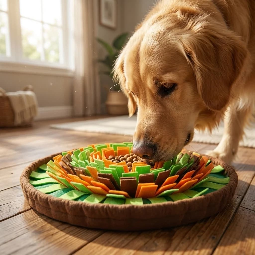 Golden Retriever sniffing through layered fabric sections of an interactive enrichment mat indoors.