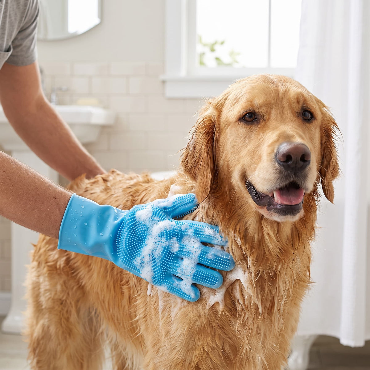 Golden Retriever being washed with blue silicone dog grooming bath gloves for gentle coat cleaning