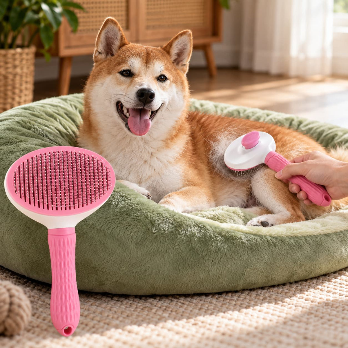 Dog sitting beside a pink grooming brush and pet grooming accessories at homeImage 3