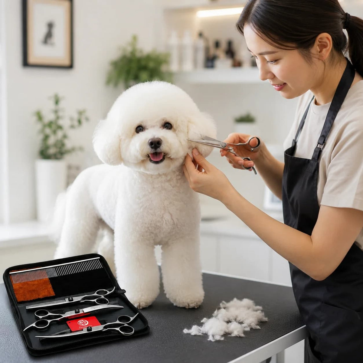 Small white dog being trimmed with grooming scissors while a complete pet grooming kit sits nearby.