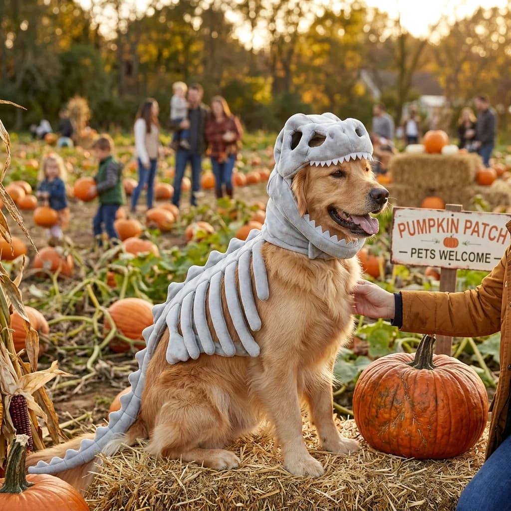 Golden Retriever wearing a grey skeleton costume sitting beside pumpkins at an outdoor Halloween gathering
