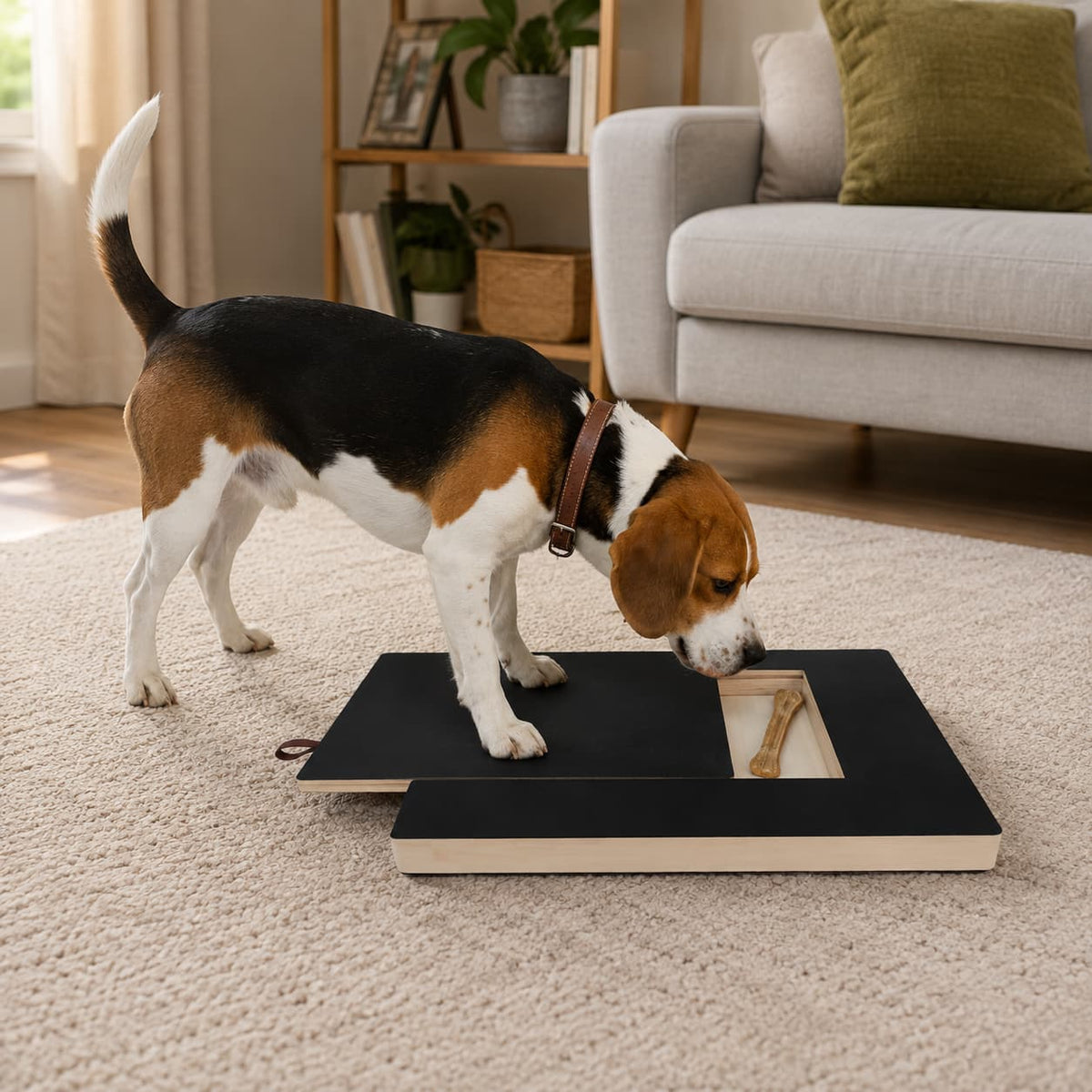 Dog using a nail filing scratch board indoors for easy paw and nail care