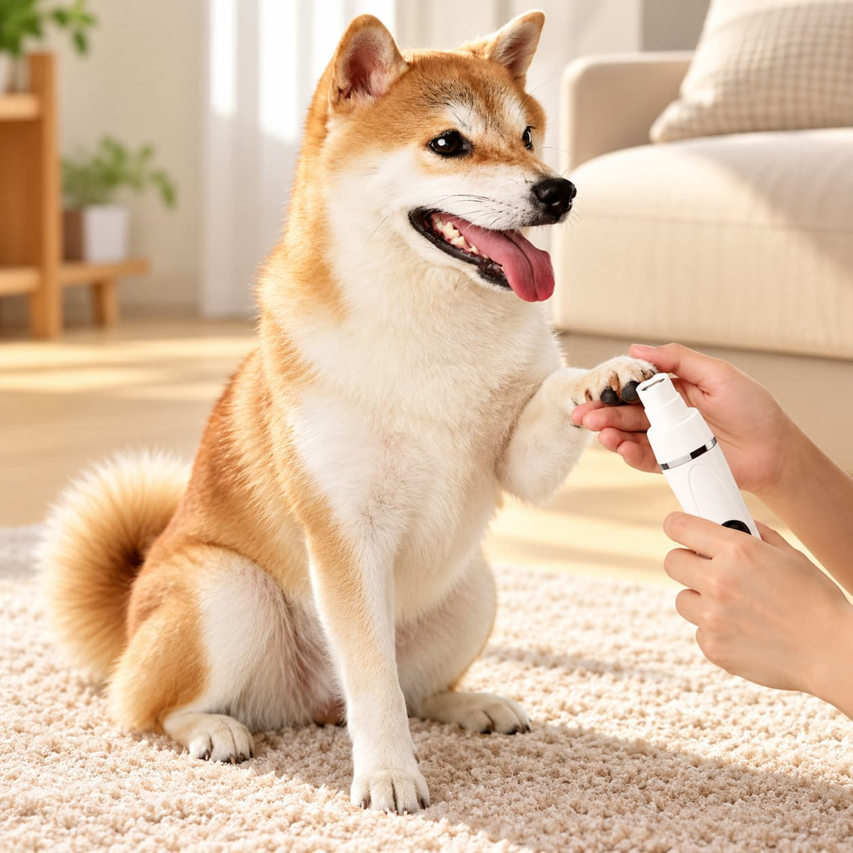 Shiba Inu having its nails groomed at home with a quiet electric pet grooming tool.